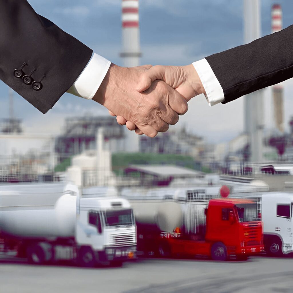 Two men shaking hands in front of a factory.