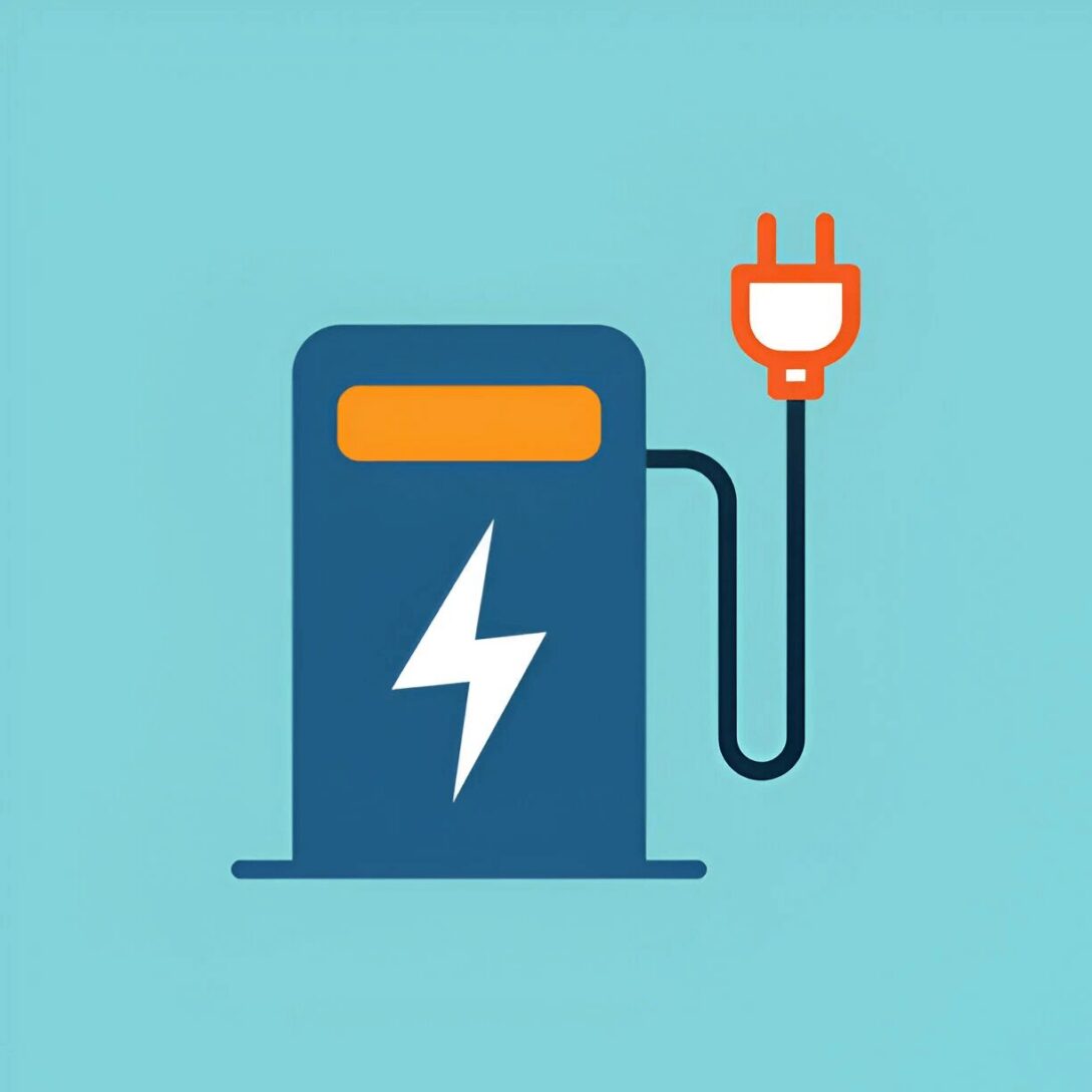 A blue electric car charger with an orange power cord plugged in.